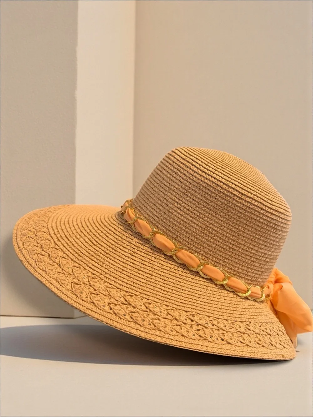 Boho Straw Sun Hat Peach Bow Gold Chain Wide Brim Beach Vacation Paper Hat